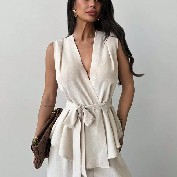 Apricot Elegant Casual Womens Loose V Neck Sleeveless top & Straight Leg Pants - Picture 6 of 7